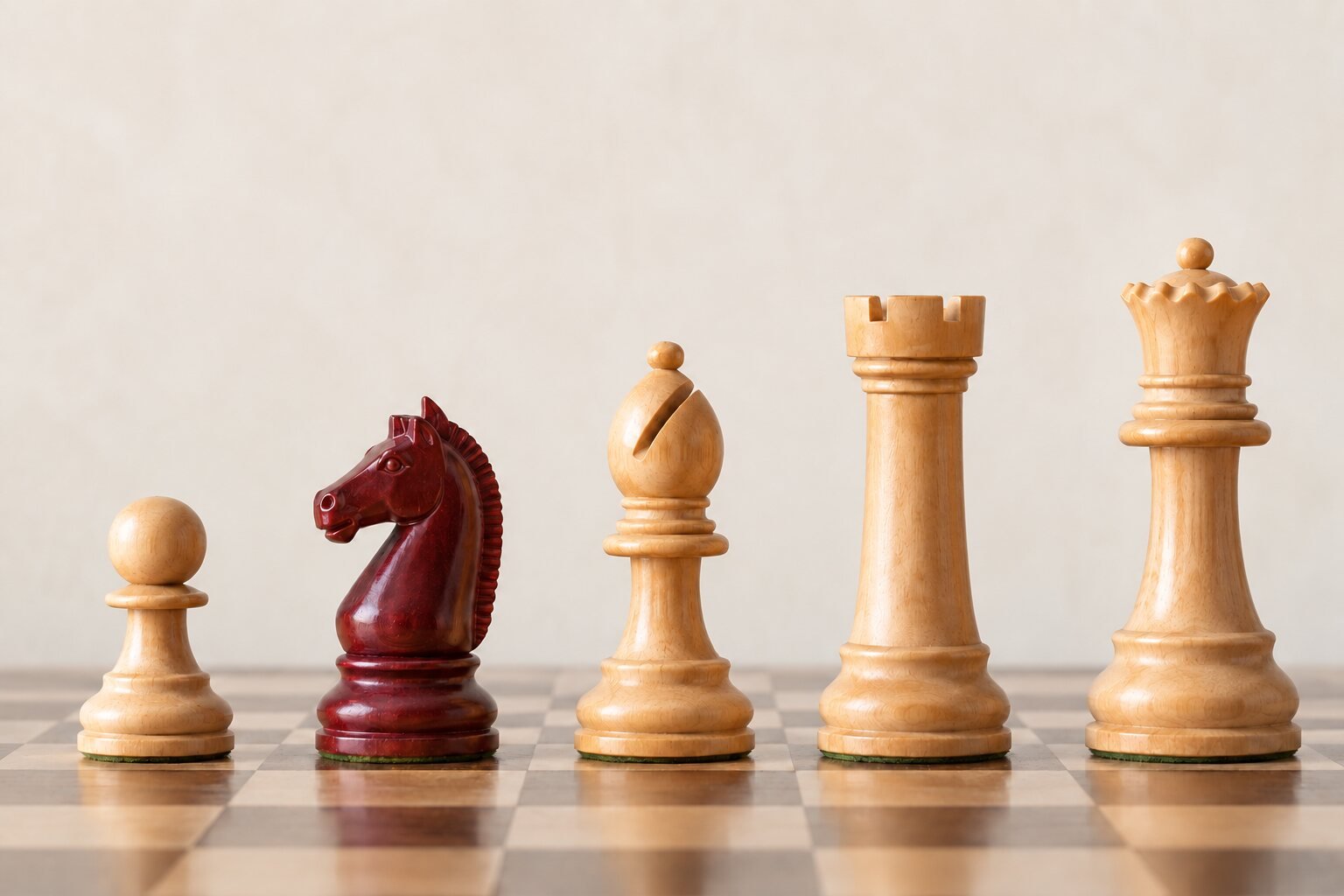 Five wooden chess pieces in a row, from pawn to queen, each taller than the last